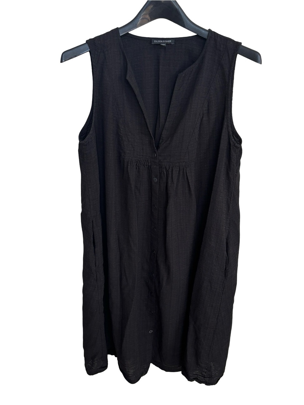 Eileen Fisher Black Linen Blend Puckered Baby Doll Dress Sz M